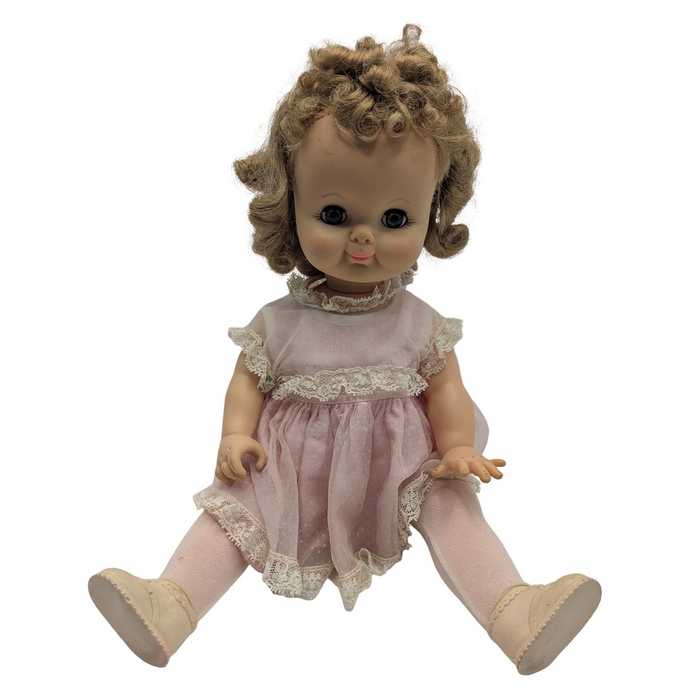Vintage 1962 Effanbee Fluffy Doll 16 inch Pink Lace Dress Sleep Eyes Blonde Hair